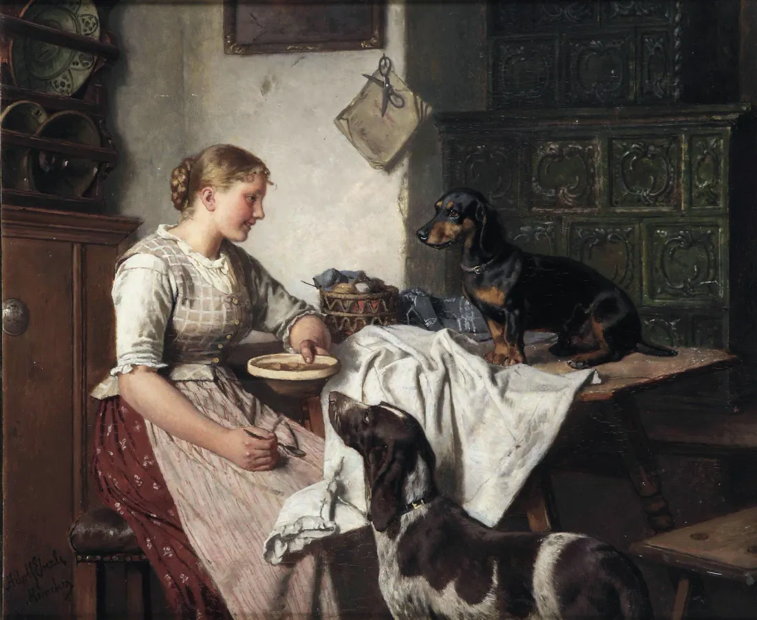 Feeding the Dogs, painting by Adolf Eberle, with Dachshunds, 1800s